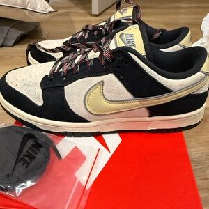 Nike Dunk Low LX in Black/ Gold/ Coconut Suede